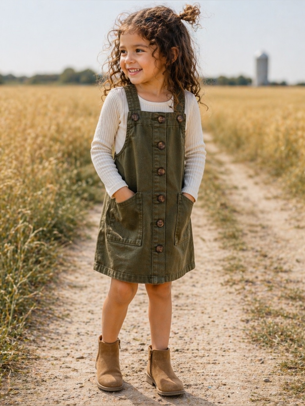 Adorable Jumper Dress 100% Cotton Army Green Color Adjustable Strap